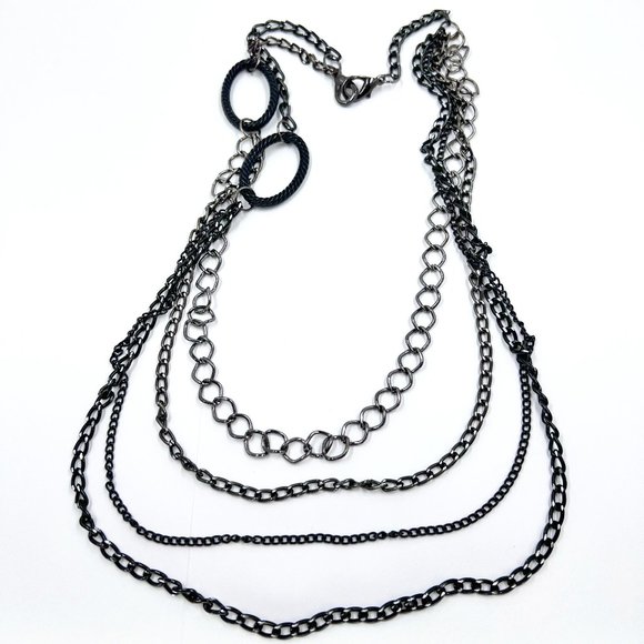 Jewelry - Black & Gunmetal Tone Multi Layered 22” Chain Necklace